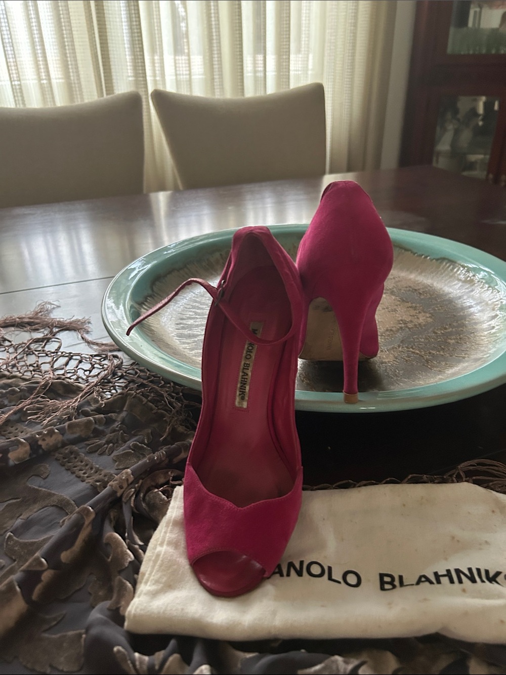 Manolo Blahnik Hot Pink Suede Peep-Toe Stilettos